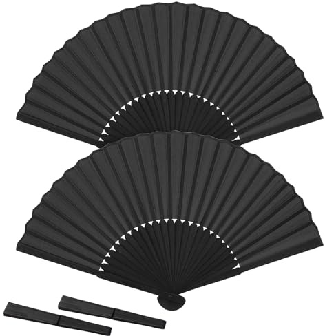 SCROLIEY 2 Pack Black Folding Hand Fan, Silk Fabric Hand Fans Folding Hand Fan Handheld Chinese Fan for Wall Decoration Wedding Performance Dancing