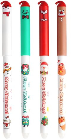 Caelura Weihnachtsstifte Kinder, 4 Radierbare Stifte Weihnachten, Gelschreiber Radierbarer Kugelschreiber mit Weihnachtsmann, Weihnachtskranz, Schneemann, Elch für Studenten Schule Büro (weihnachten)