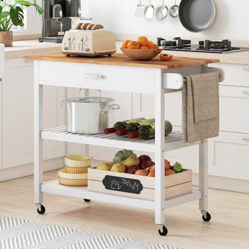 GIANTEX Köksvagn med bänkskiva, köksskåp med rullar, serveringsvagn med låda och 2 öppna hyllor, rullvagn kök med handdukshållare, mobil köksö, köksvagn i trä 106 x 50 x 89 cm
