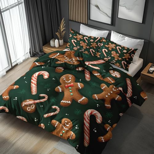 Generisch Grün Weihnachten Bettwäsche 140x200 2tlg, 1 Kissenbezüge 70x90 - Lebkuchenmann Zuckerstangen Design Wendebettwäsche, Weiche Mikrofaser Bettbezug mit Reißverschluss, Deko & Geschenke - U39