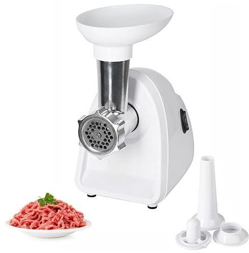 Tritacarne Elettrico Multifunzione, Bianco, 600W/1500W, Corpo in Plastica, con 3 Dischi in Acciaio, Accessorio per Salsicce, 33x16x35,5 cm, per Carne, Verdure, Formaggio