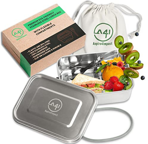 A4I Aspire4Impact A4i® Lunch box Premium in acciaio inossidabile (1200 ml) con scomparti per adulti in 3 misure, bento box a tenuta stagna, lunch box a tenuta stagna con scomparti, per bambini, argen