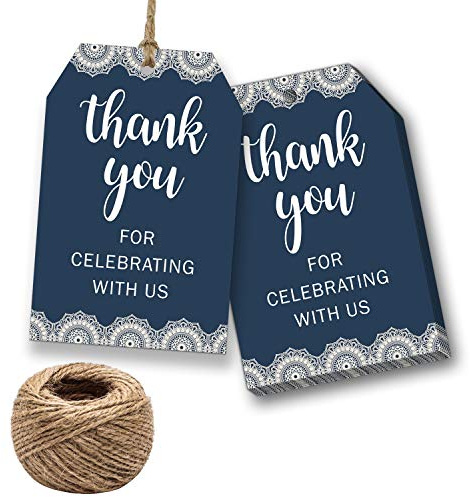 Tack för att du firar med oss etiketter, 100 st marinblå tackpresentetiketter för bröllop, födelsedag, baby shower festgåvor, papper presentetiketter med 100 fot naturligt jutesnöre.