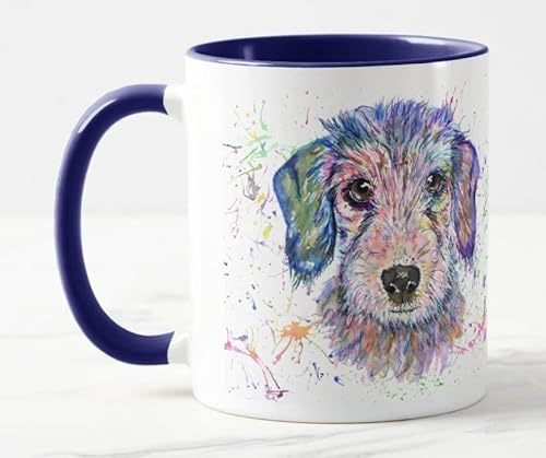 Vixar Dachshund Wire haired Sausage Tecle Dog Pet Watercolour Art Coloured Mug Cup Gift Birthday Work Office Christmas Tea Coffee (Navy)