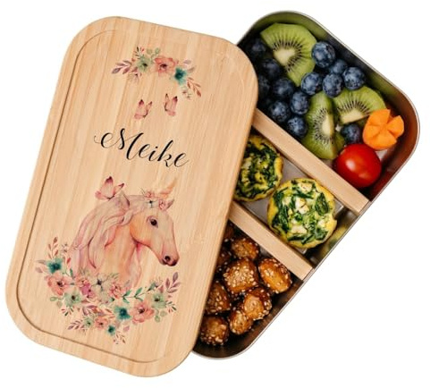 Manufaktur Liebevoll Personalisierte Brotdose Kinder mit Namen – Edelstahl Lunchbox mit Bambus Deckel & Fächern – Nachhaltige Brotbüchse Kindergarten Schule Mädchen I Einhorn