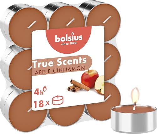 Bolsius - Set of 18 Scented Tealight Candles - Apple Cinnamon - Burning Time: 4 Hours - Home Decoration - Natural Extracts - with Natural Vegan Wax, Pomme Cannelle