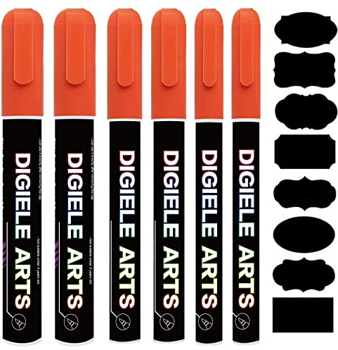Kreidestift Orange, DIGIELE Kreidestifte Orange 1mm / 3mm / 6mm Stiftspitze, 6 Stück Kreidemarker + 16 Tafel Labels, Trocken oder Feucht Abwischbare Flüssigkreide für Whiteboard, Tafel, Fenster & Glas