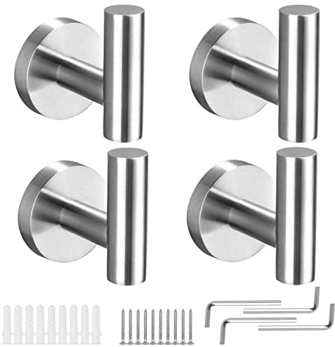 ProChosen 4 Pack Towel Hooks, Wall Coat Hook Bathroom Matte Sliver Robe Hook SUS 304 Stainless Steel Heavy Duty Door Hanger Clothes Cabinet Closet Sponges Hook Shower Robe Hand Hooks for Bathroom