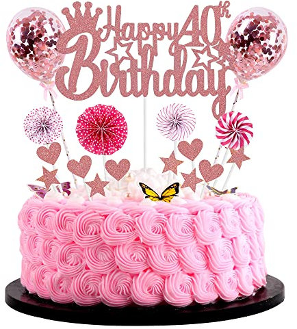 Jrzyhi Décoration de gâteau d'anniversaire « Happy 40th » - Or rose - Pour homme et femme - Paillettes pour 40e anniversaire