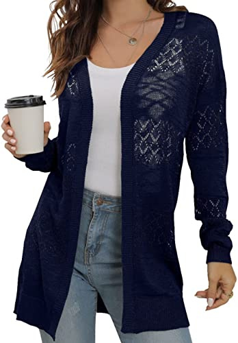 GRECERELLE Summer Cardigans for Women UK Lightweight Lace Hollow Out Knit Soft Long Sleeve Open Front Beach Coverups Ladies Solid Color Sun Protection