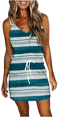 Freizeitkleider in Übergröße für Damen, lockeres Kleid, Regenbogen, Mini-V-Ausschnitt, Spaghettiträger, ärmelloses Kleid, Sommer, Kordelzug, Tankkleid, Swing-Partykleider für Damen, h, XL