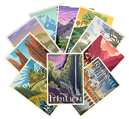 LIAUMO 12pcs Travel Middle Earth Landscape Posters, Nordic Painting Wall Art Collage Kit, Home Bar Office Decal,Birthday Holiday Gifts Unframed paper 11.2x16.5inch