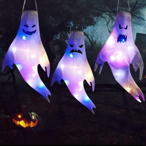 Windsack 3 PCS Halloween Deko Outdoor Garten, WindsäCke Geist Windsack HäNgen Dekoration Biegbar Geisterflagge Windsocken Geistergesicht Halloween deko für außenbereich Rasen, Hof, Terrasse, Garten
