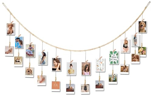 6 Feet Wooden Beads Garland with Clothespins Picture Cards Holder - Country Farmhouse Christmas Nursery Boho Holiday Decorations with Clips
