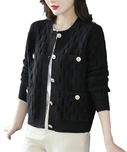 DBFBDTU Cárdigan de punto casual para mujer, cuello redondo, chaqueta corta con botones de punto, Negro, XXL