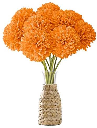 Wekuw Kunstblumen, 12 Stück Künstliche Hortensie Blumen Seide Pompon Chrysantheme Kugel Blumens Deco Hortensien Künstliche Pflanzen Unechte Blumens, für Hochzeits Deco, Heimdeko, Büro (Orange)