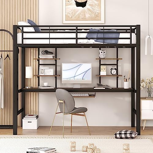 Lexiou Bettgestell Metallbett, Eisenbett, Hochbett mit Schreibtisch und Zwei Bücherregalen für Kinder, Jugendliche und Erwachsene (90x200cm)