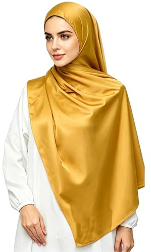 Lina & Lily Lyxig satäng hijab huvudscarf sjal för muslimska kvinnor extra lång, Gammalt guld, one size