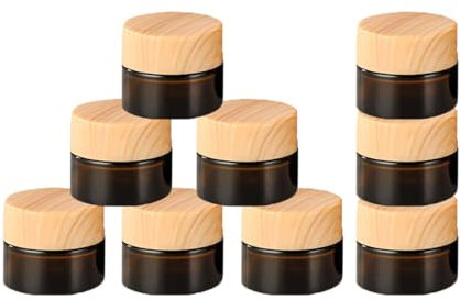 Lot de 9 petits pots en verre ambré de 5 g avec couvercles en grain de bois et doublure intérieure, petits pots de rangement rechargeables pour baume à lèvres, crème pour les yeux, lotion, cosmétique