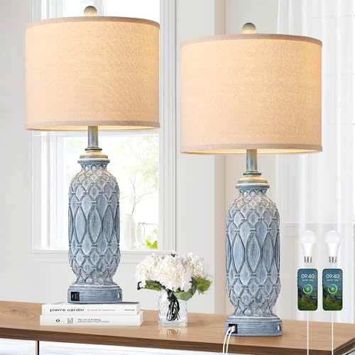 SRJJRS Farmhouse Lamps for Bedroom Set of 2, 28 Rustic Lamps for Living Room with USB Ports, 3-Way Dimmable Nightstand Table Lamp (Bulbs Included)