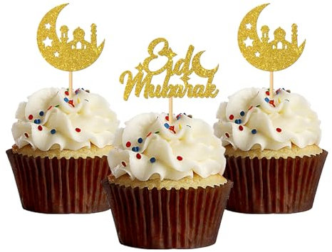 Eid Mubarak Cupcake-Topper/Mondstern/Ramadan-Kareem-Cupcake-Topper/Happy Eid-Party-Cupcake-Dekorationen – islamisch-muslimische Party-Dekoration, goldener Glitzer, 24 Stück
