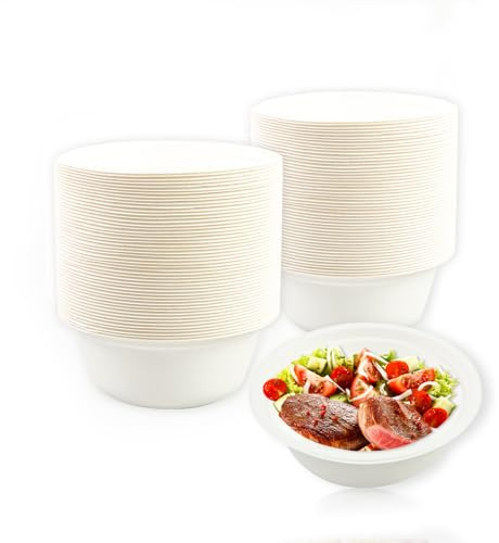 LDFDRT Suppenschalen Einweg Pappteller 100 Stück Suppenteller Pappschalen Zuckerrohr Einweggeschirr Schalen Einmal Einwegsuppenschale Für Party Und Picknicks (Weiß, 260ML)