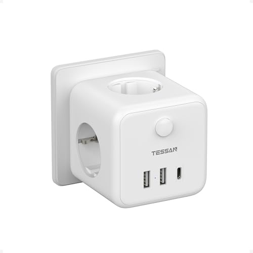 TESSAN 6 en 1 Cubo Ladron Enchufes con 3 Tomas CA y 3 USB, 15W Cargador | Triple Enchufe Multiple con Interruptor, 2500W Regleta Pared Compatibles para Sala de Estar, Dormitorio, Oficina, Blanco
