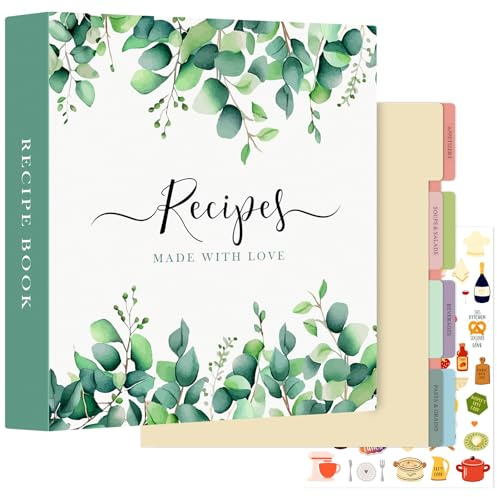 Lanpn Raccoglitore per Ricette, libro Ricettario Quaderno per Ricette da Scrivere a 3 Anelli con 8 Divisori & 2 Adesivi, Recipe Binder Cook Book Journal to Write in Your Own Recipes, Inglese