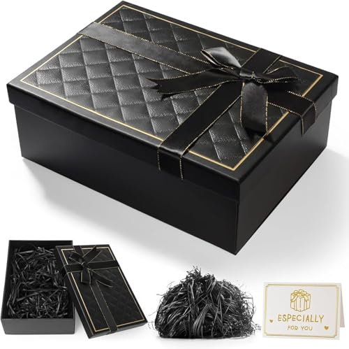 Presentask med lock (25 x 18 x 8,5 cm) Svart diagonal rutig presentlåda, band, gratulationskort hantverk, elegant presentförpackning för alla hjärtans dag, födelsedagar, bröllop, årsdagar och jul