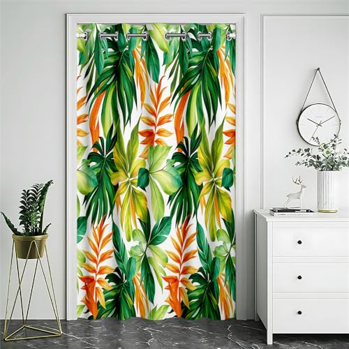 Surwin Tenda Oscurante da Interno per Porta con Occhielli, 3D Pianta Foglia Fiore Tenda a Pannello per Porta Finestra Divisorio Portico, Camera da Letto, Soggiorno, Patio (Arancione 1,80x150cm)