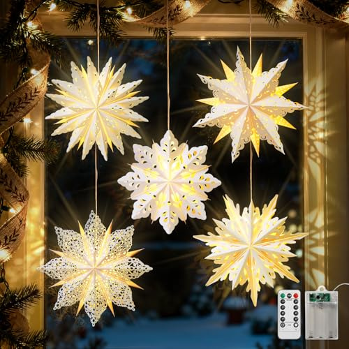 Luxspire Papiersterne zum Aufhängen, 45cm Papiersterne Weihnachten mit Lichterkette Fernbedienung, 5 Pack faltbare Papierstern mit Beleuchtung für Weihnachten Urlaub