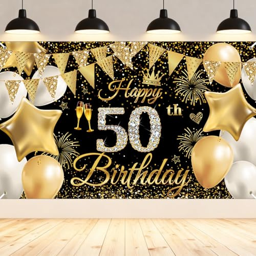 50. Geburtstag Deko Banner für Männer und Frauen, Schwarz Gold Happy Birthday Banner Groß, 50 Geburtstag Hintergrund, 50 Geburtstagsfeier Dekorationen, Extra Große Stoff Schild Poster 180 * 110cm