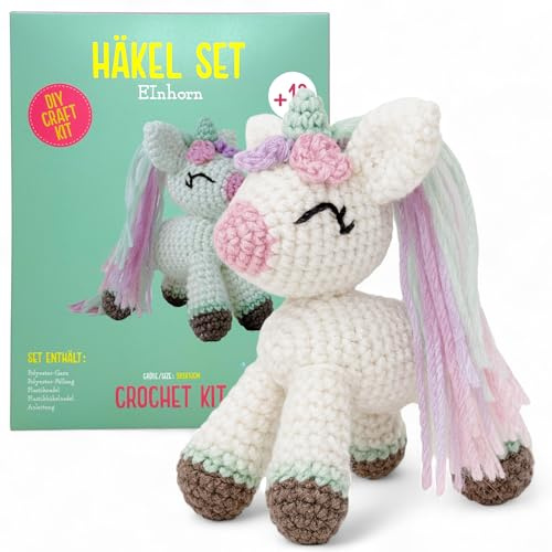 MIJOMA Häkelset Tiere für Anfänger & Fortgeschrittene – DIY Amigurumi Häkel Kit mit Anleitung, Wolle, Nadeln & Zubehör – Häkelpaket Kinder & Erwachsene (Einhorn (9x13x9cm))