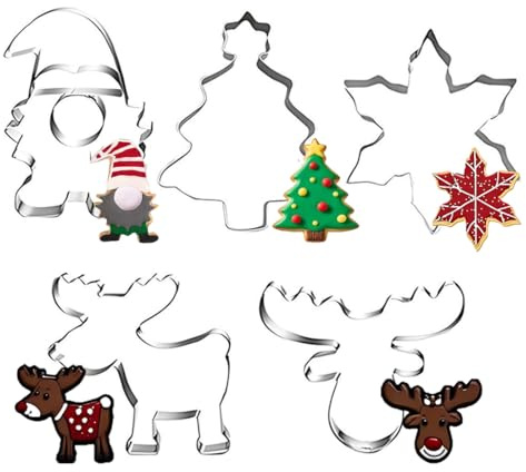 GNALIA Molde Arbol De Navidad 5 Piezas, Cortadores Galletas Navideños Plateados 7-9Cm Ancho, Moldes Para Hornear Y Decorar Pasteles