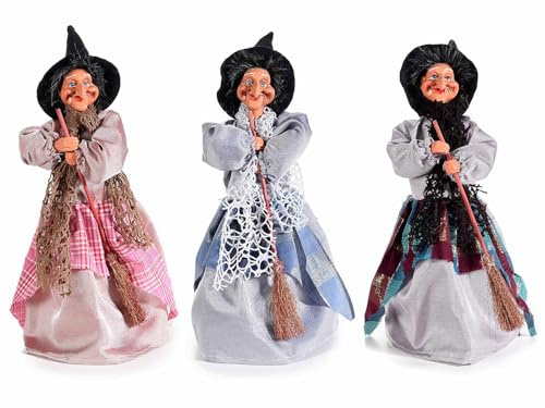 Gruppo Maruccia - Set 3 Befane Porta Dolci - con Abito in Stoffa e Scopa Decorativa - in Resina con Contenitore Nascosto - Assortite in Tre Colori - per Natale ed Epifania