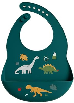 Elite Family Essentials Silicone Baby Bib – Waterproof, Adjustable Feeding Bib for Babies & Toddlers, Dinosaur Design, Teal