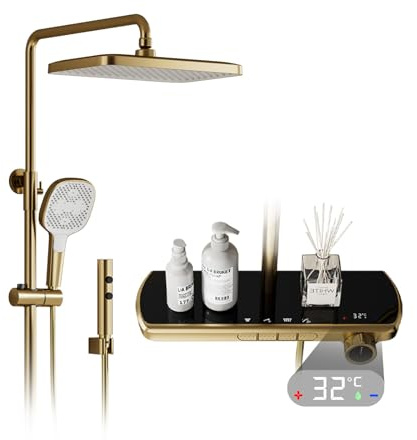 Colonne De Douche Thermostatique,Système De Douche Avec Numérique LED,Système De Douche 4 En 1,Pommeau Pluie 35x22cm,Douchette Main,Jet Et Robinet Cascade,Étagère,Hauteur Réglable