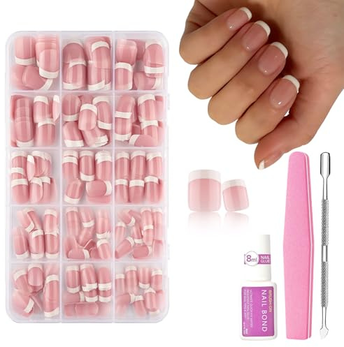 French Press On Nails - 240Pcs Pink Short Square False Nail - 15 Size Acrylic Full Cover Artificial Fake Nails Art Manicure Decorations for Women (Pink)