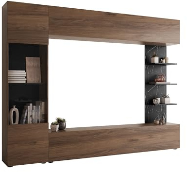 Mirjan24 Wohnwand Lazando, 4-teilig, ohne LED (Nuss Warmia/Marmor Schwarz) | Anbauwand mit Hängeschrank, Vitrine, TV-Lowboard und Wandregal, 7 Fächern und grifflosen Fronten, B/H/T: 250/187/30 cm