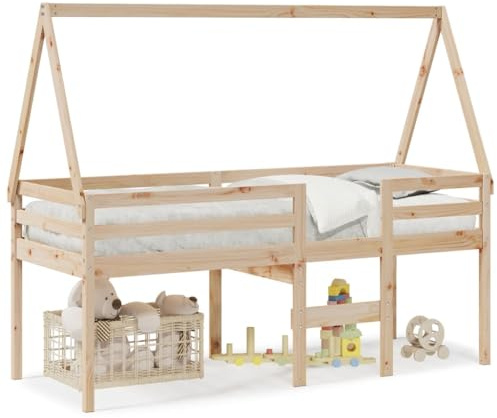 mtlskopl Hochbett mit Dach Kinder 80 x 200 cm Kiefer Massivholz unbehandelt Spielbett Etagenbett Jugendbett Modernes Design Platzsparend für Kinderzimmer und Gästezimmer
