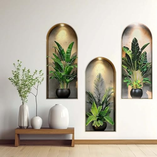3D Autocollant Mural Plantes 3 Pièces Vigne Vierge Tropicale Feuilles Monstera Pot Fleurs Autoadhésif 25x60cm Moderne Vinyle Tableau Murale Pour Salon Chambre Cuisine Bureau Canapé
