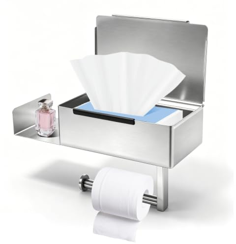 Toilettenpapierhalter Ohne Bohren Klopapierhalter Edelstahl mit Feuchttücherbox Klorollenhalter mit Ablage Toilettenpapier Aufbewahrung für Toilette, Bad, Küche (Silbrig)