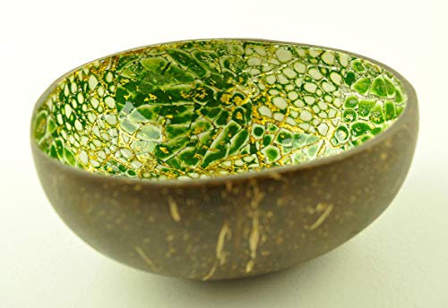 tazón de coco hecho a mano decorativo tazón de madera natural redondo tazón de fruta dulce cuencos de laca brillante cuencos con incrustaciones de cáscara de huevo verde dorado marrón H027