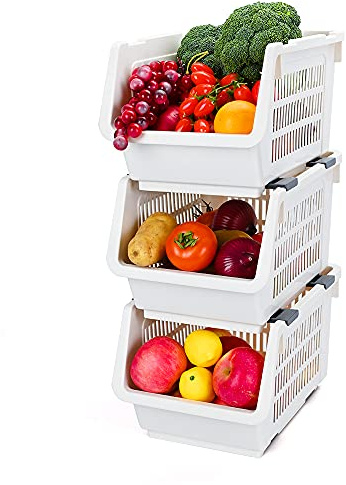 Storage Stacking Basket Set of 3,Sackable Shelves Plastic Storage Rack Stand Stacking Stackable Basket Large Stacking Storage Baskets for Vegetable Fruit Food Storage Basket Rack Organizer (Beige)