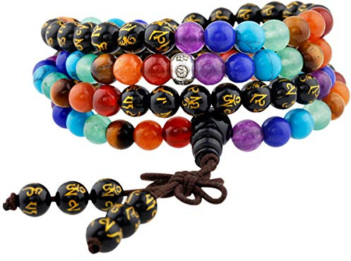 KYEYGWO 108 Gebet Mala Perlen Armband für Damen Herren, 6mm Tibetisch-buddhistischen 7 Chakra Heilstein Halskette für Unisex, Schwarzer Achat