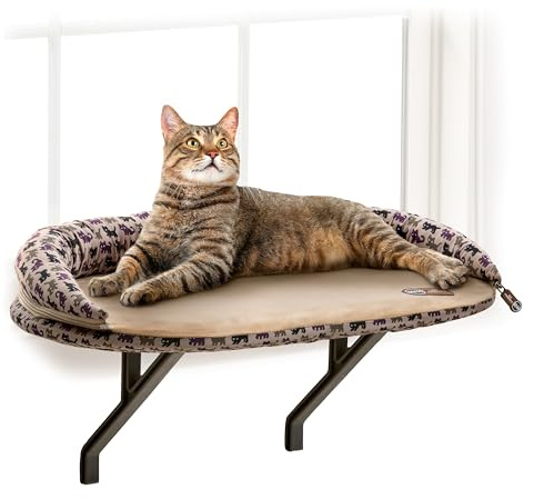 K&H Pet Products Bolster Kitty Sill Cat Window Perch Bed for Large Cats, Orthopedic Window Hammock Holds 40 lbs, Washable Cover, Indoor Windowsill Furniture Bed Seat - Tan/Kitty Unheated 14 X 24in
