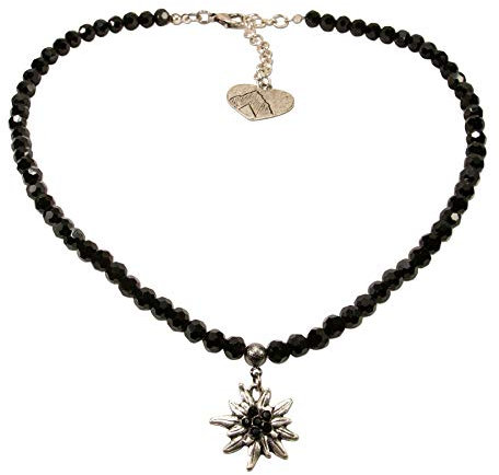 Alpenflüstern Perlen-Trachtenkette Strass-Edelweiß klein - Damen-Trachtenschmuck Dirndlkette schwarz DHK237