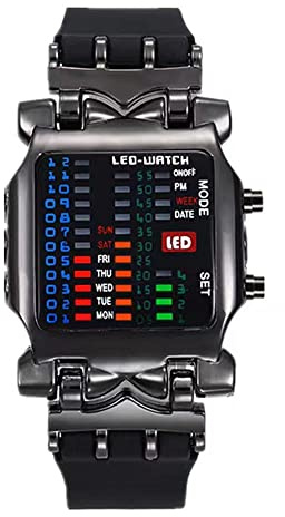MINILUJIA Men Cool Digital Watch Binary Time LED Display Waterproof with Rubber Band Unique Creative Fashion Sport Wristwatches One PCS, black, Digital