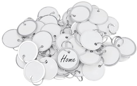 Uniclife 50 Pack Metal Rim Key Tags 2.5 cm White Paper Labels Writable Round Plastic Key Chain Tags with Split Rings Sturdy Lightweight Item Identifiers