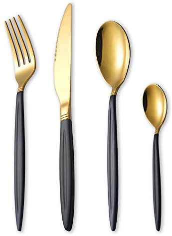 HOMQUEN Juego de Cubiertos de Oro Negro de 24 Piezas, de Acero Inoxidable, Titanio Negro con Oro, Juego de Servicio para 6 (Negro Mate con Oro Brillante)